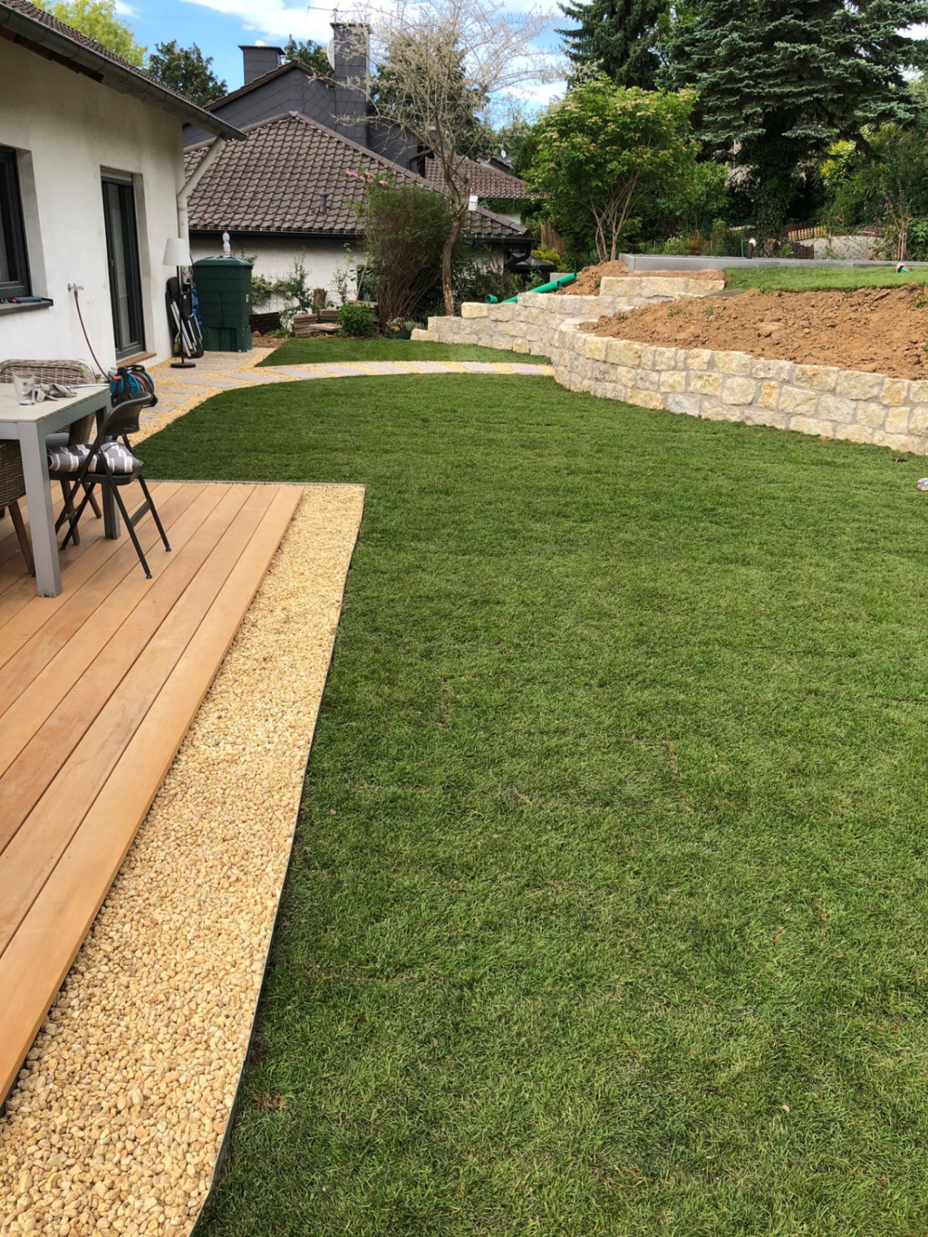 Frischer Rollrasen mit Holzterrasse und Natursteinmauer